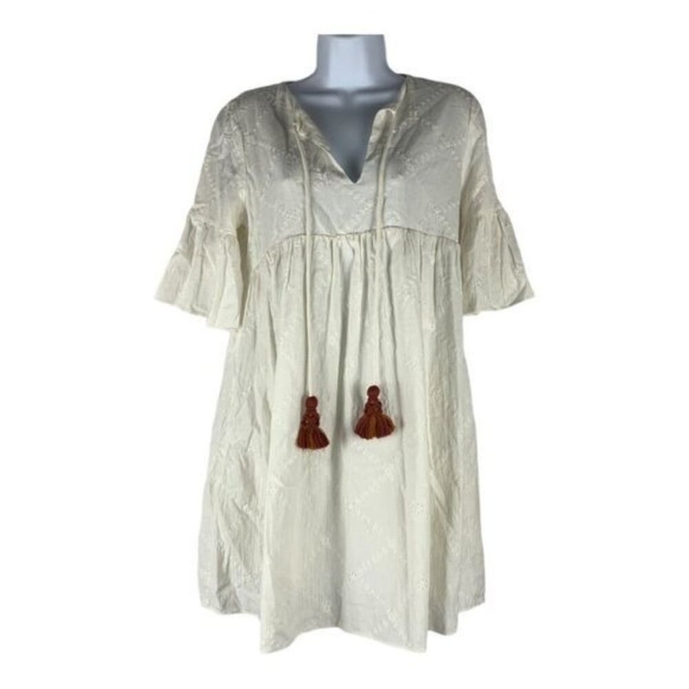 Zara TRF Size XS White Eyelet Tunic Dress W/ Tassel Accents
